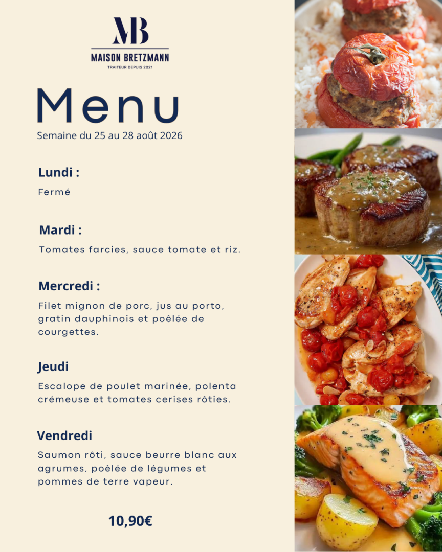 Plats du jour de la semaine et plat végétarien ainsi que les prix et formules