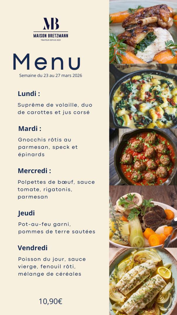 Plats du jour de la semaine et plat végétarien ainsi que les prix et formules