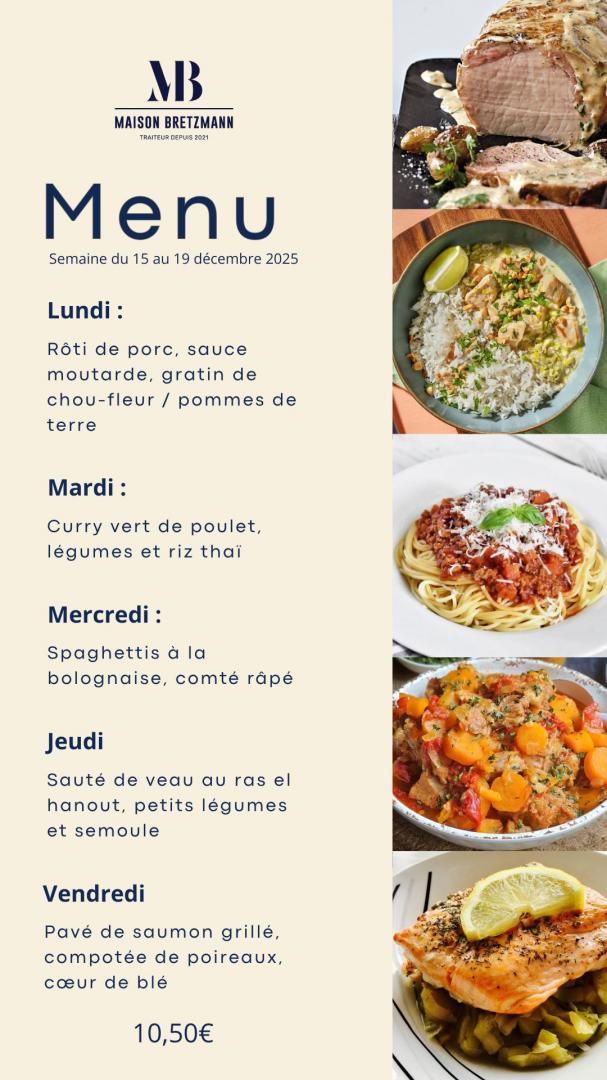 Plats du jour de la semaine et plat végétarien ainsi que les prix et formules